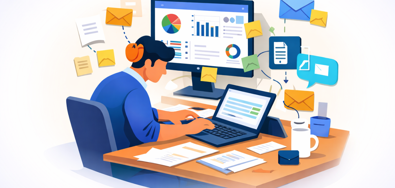 A businessman overwhelmed by a messy manual workflow with disconnected AI tools, sticky notes, and a static dashboard, illustrating why businesses need AI workflow automation to see real ROI.