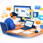 A businessman overwhelmed by a messy manual workflow with disconnected AI tools, sticky notes, and a static dashboard, illustrating why businesses need AI workflow automation to see real ROI.