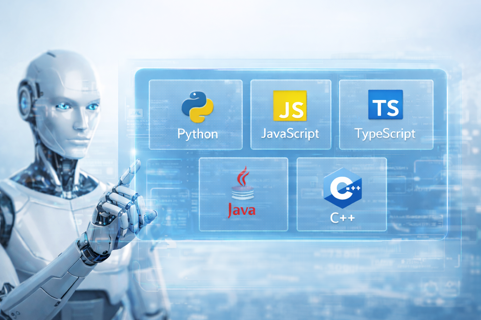 AI robot displaying programming languages like Python, JavaScript, TypeScript, Java, and C++ for vibe coding development