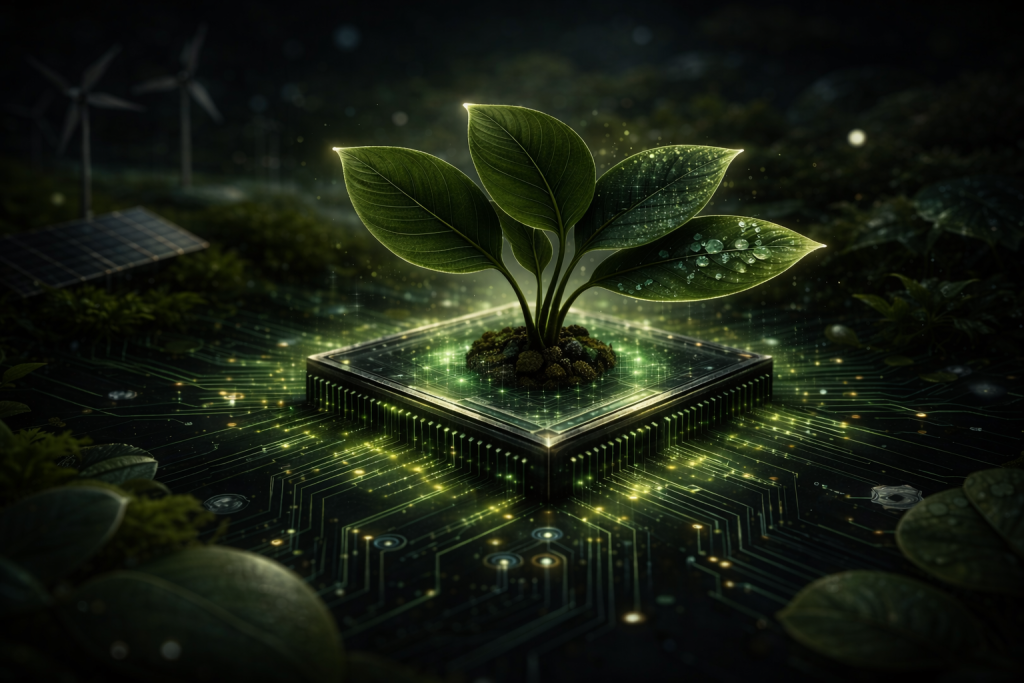 Conceptual illustration of AI energy consumption with a plant growing from a microchip symbolizing sustainable and green artificial intelligence.