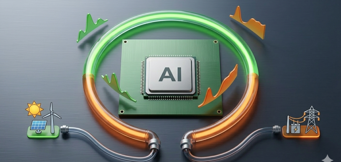 A high-tech diagram showcasing the energy flow for artificial intelligence, featuring a green processor chip with "AI" text, power grids, wind turbines, solar panels, and cooling towers