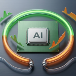 A high-tech diagram showcasing the energy flow for artificial intelligence, featuring a green processor chip with "AI" text, power grids, wind turbines, solar panels, and cooling towers