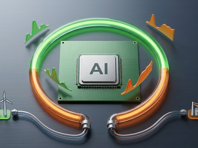 A high-tech diagram showcasing the energy flow for artificial intelligence, featuring a green processor chip with "AI" text, power grids, wind turbines, solar panels, and cooling towers