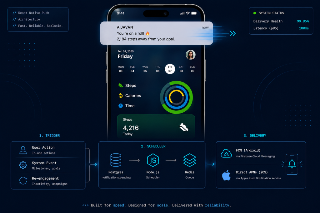 react native firebase cloud messaging, push notification system design, AIJAVAN case study, react native push notification system react native expo notifications, server-sent events vs push