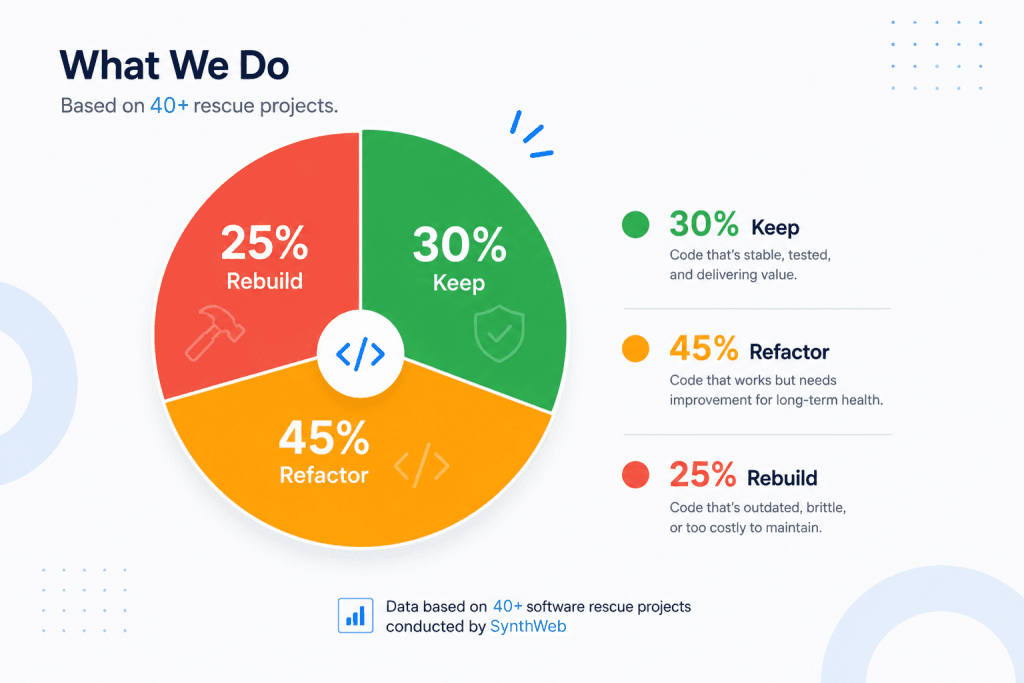 Codebase audit outcomes used to price a project: 30% keep, 45% refactor and 25% rebuild